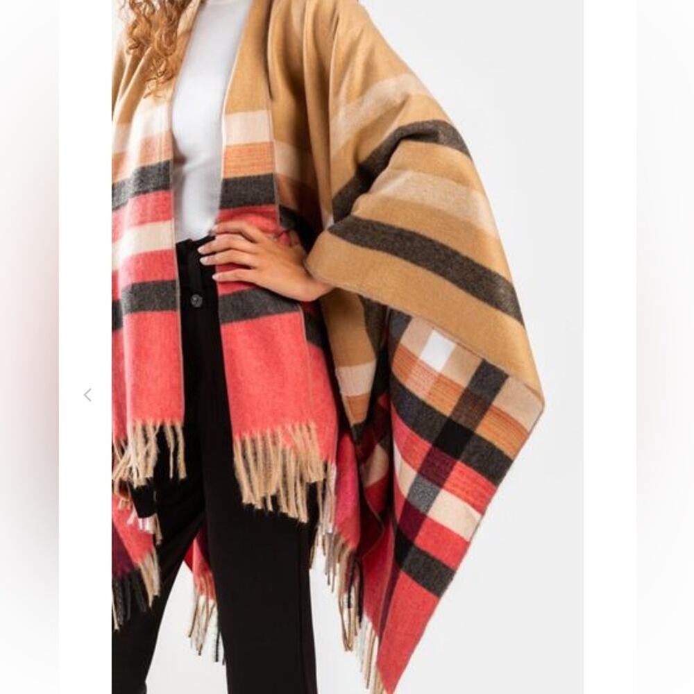 Woolrich One Size Plaid Wrap Cape‎ Tan Black Red Fringe New